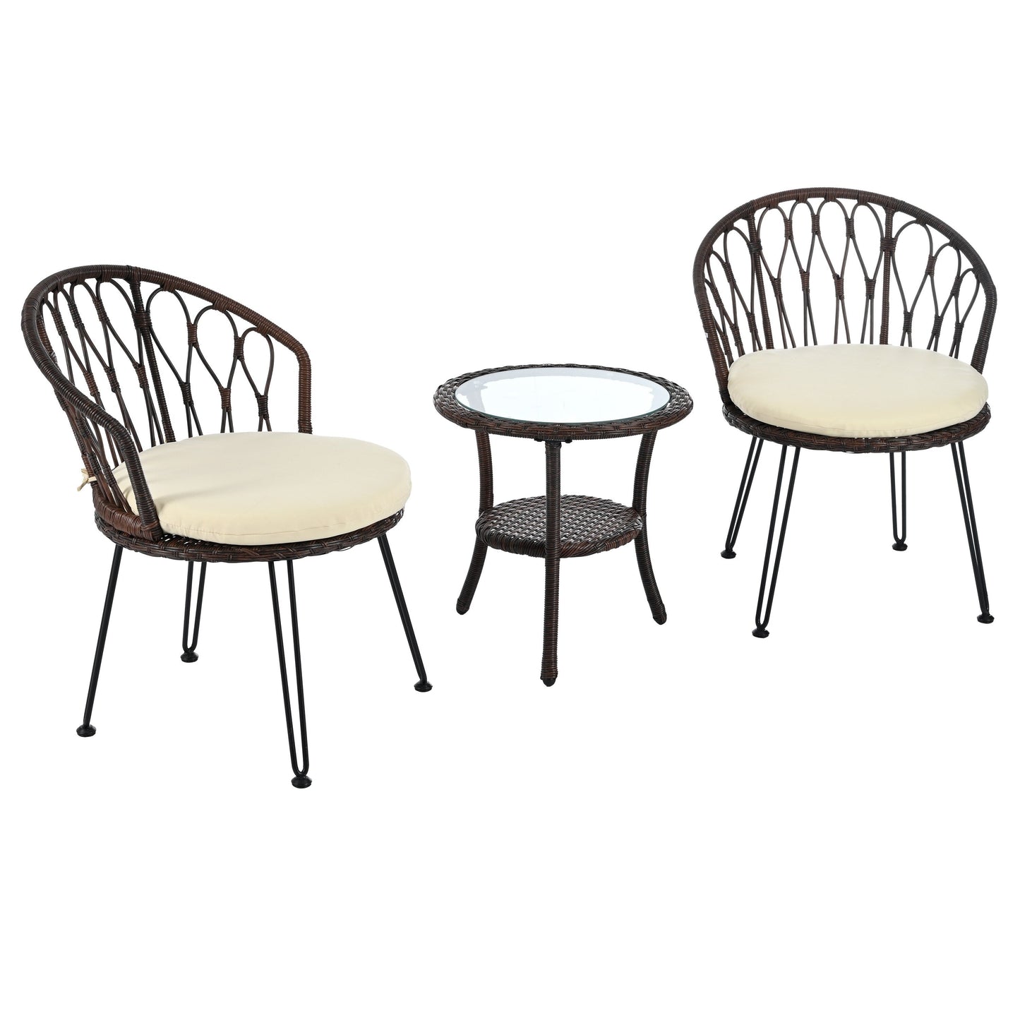 Ensemble de 3 chaises de jardin en rotin pour loisirs et conversation, avec 2 chaises et une table basse en verre