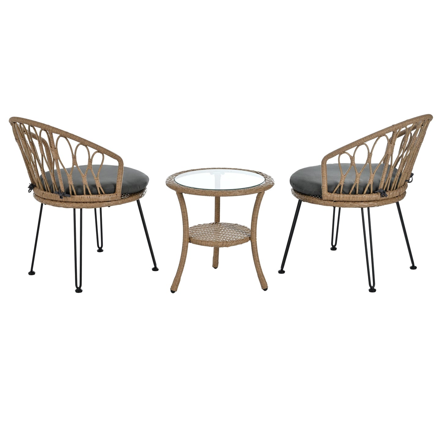 Ensemble de 3 chaises de jardin en rotin pour loisirs et conversation, avec 2 chaises et une table basse en verre