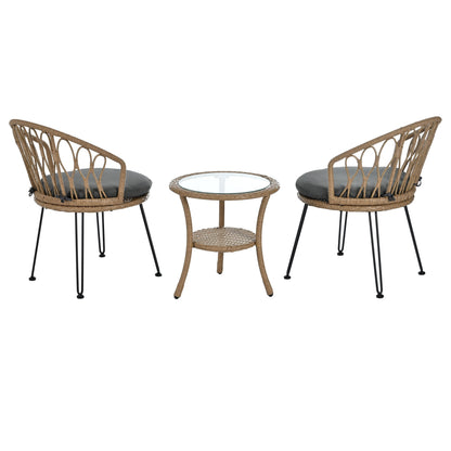 Ensemble de 3 chaises de jardin en rotin pour loisirs et conversation, avec 2 chaises et une table basse en verre