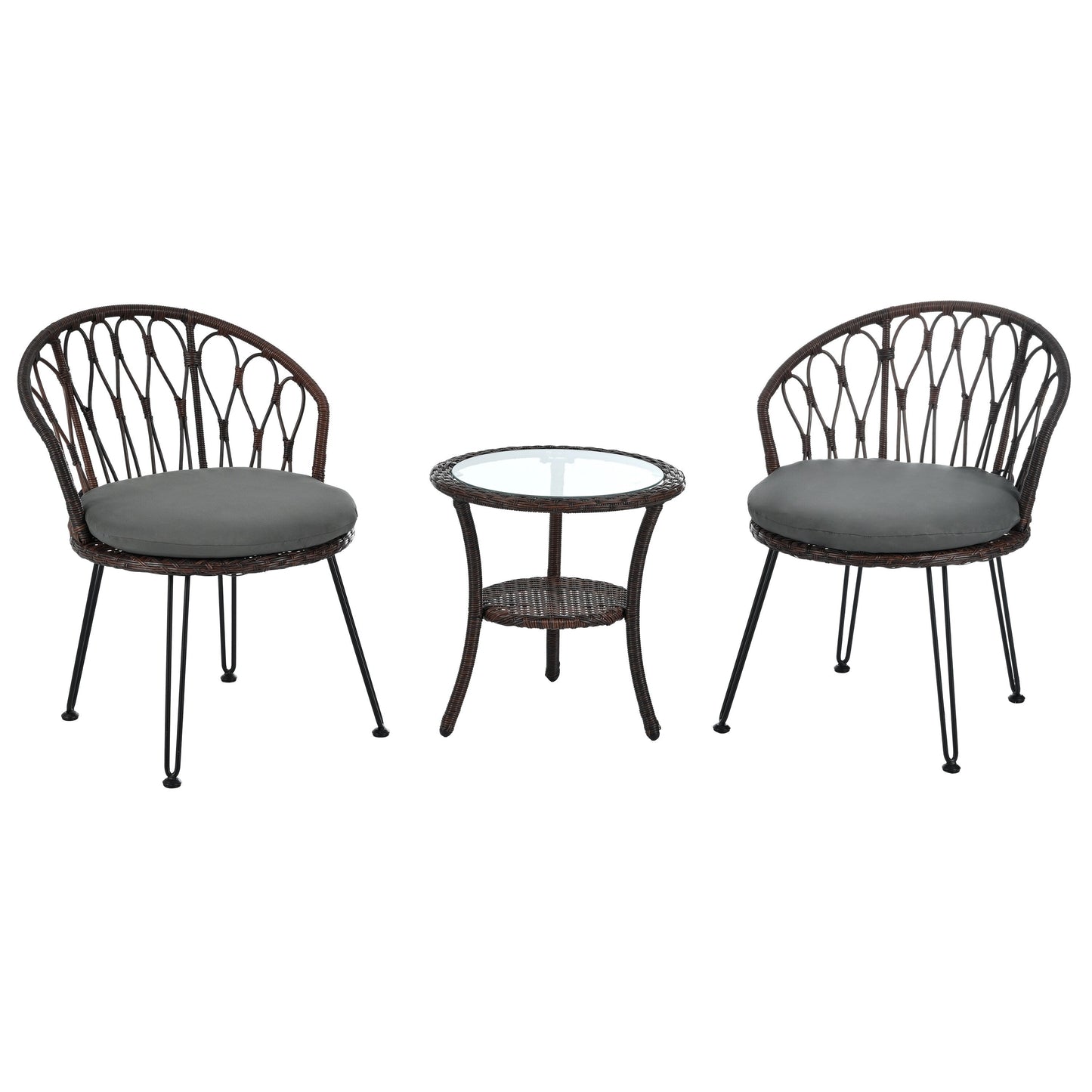 Ensemble de 3 chaises de jardin en rotin pour loisirs et conversation, avec 2 chaises et une table basse en verre