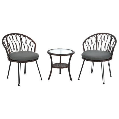 Ensemble de 3 chaises de jardin en rotin pour loisirs et conversation, avec 2 chaises et une table basse en verre
