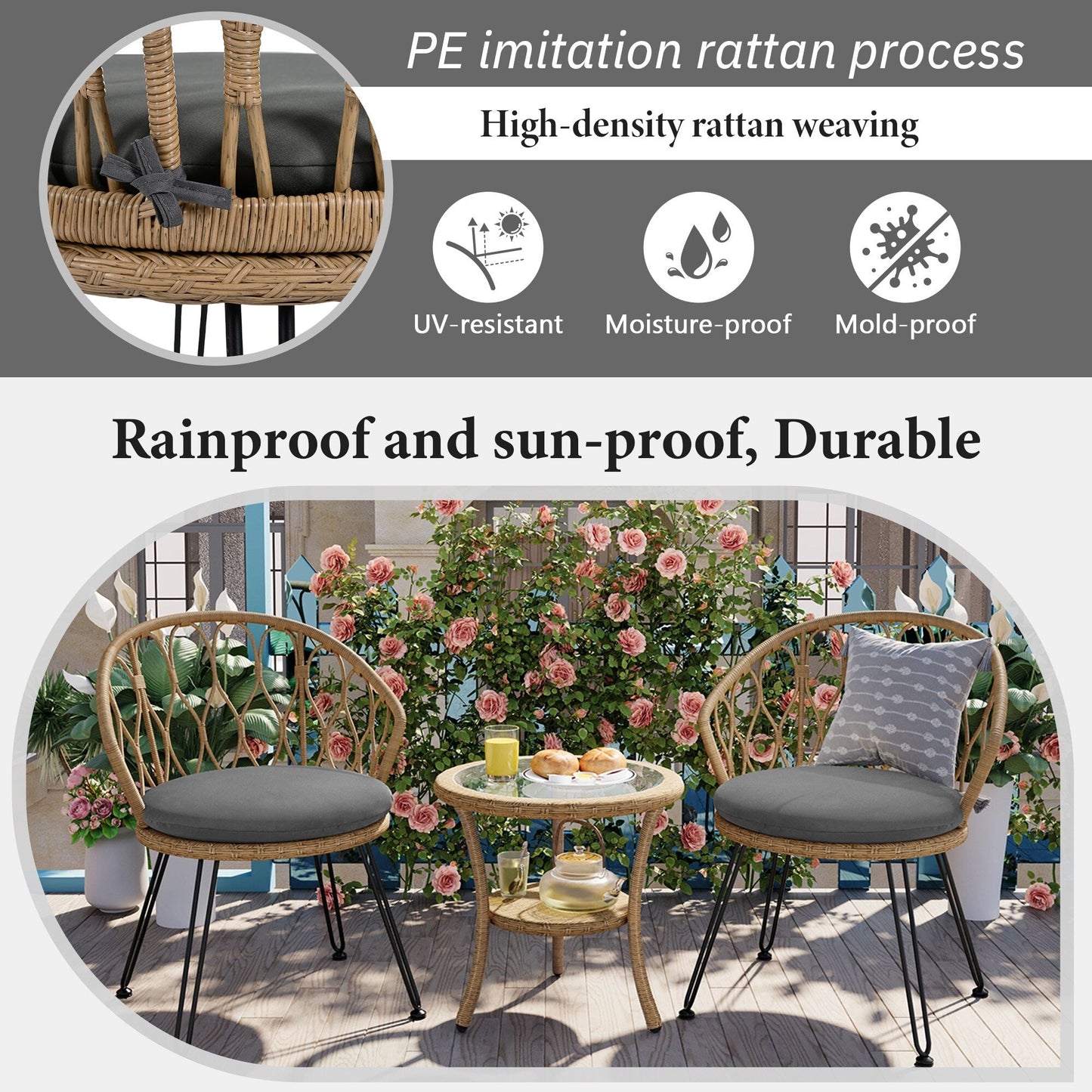 Ensemble de 3 chaises de jardin en rotin pour loisirs et conversation, avec 2 chaises et une table basse en verre
