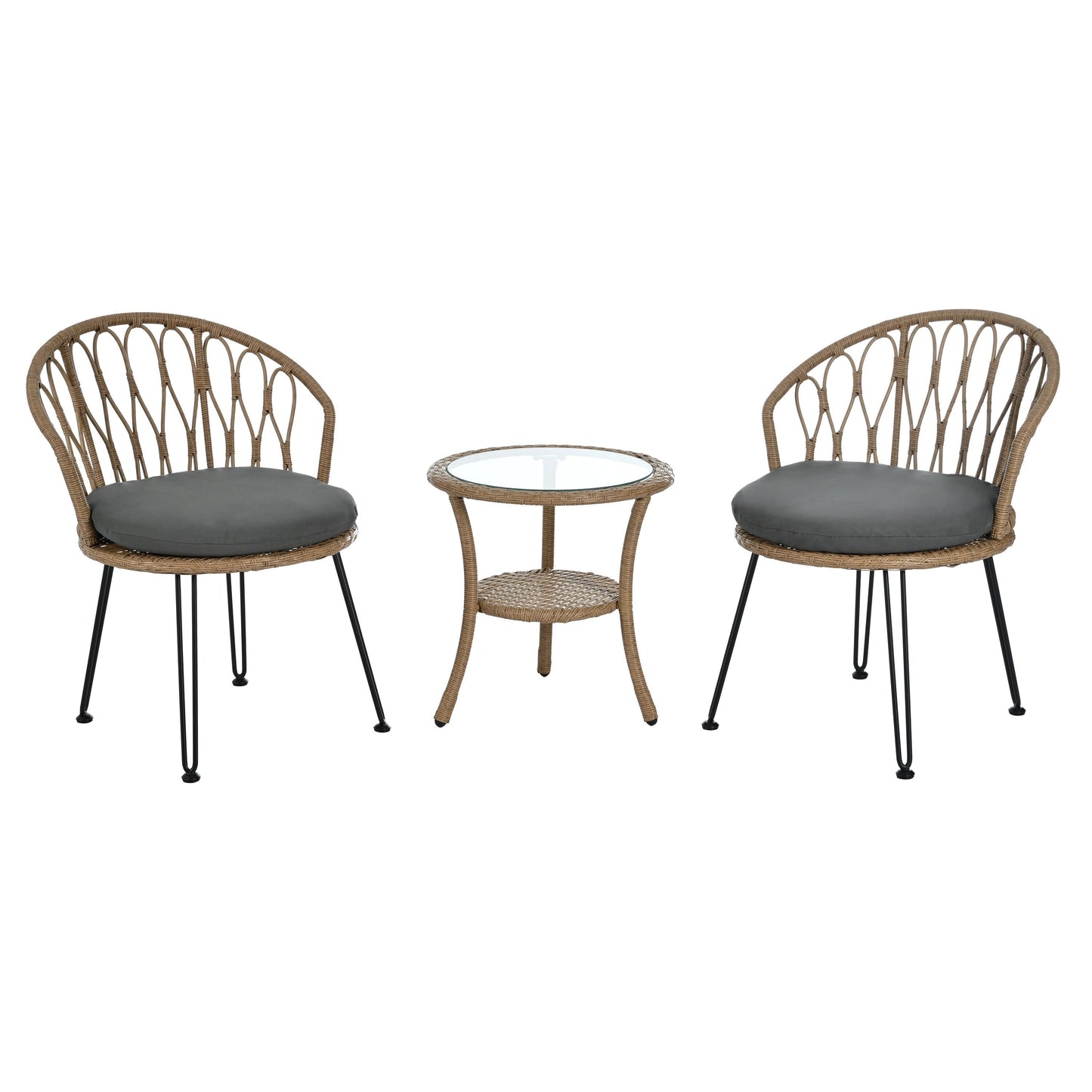 Ensemble de 3 chaises de jardin en rotin pour loisirs et conversation, avec 2 chaises et une table basse en verre