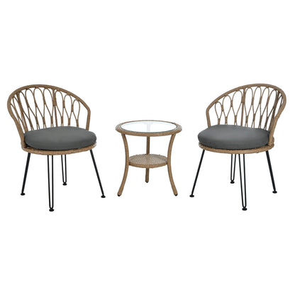 Ensemble de 3 chaises de jardin en rotin pour loisirs et conversation, avec 2 chaises et une table basse en verre