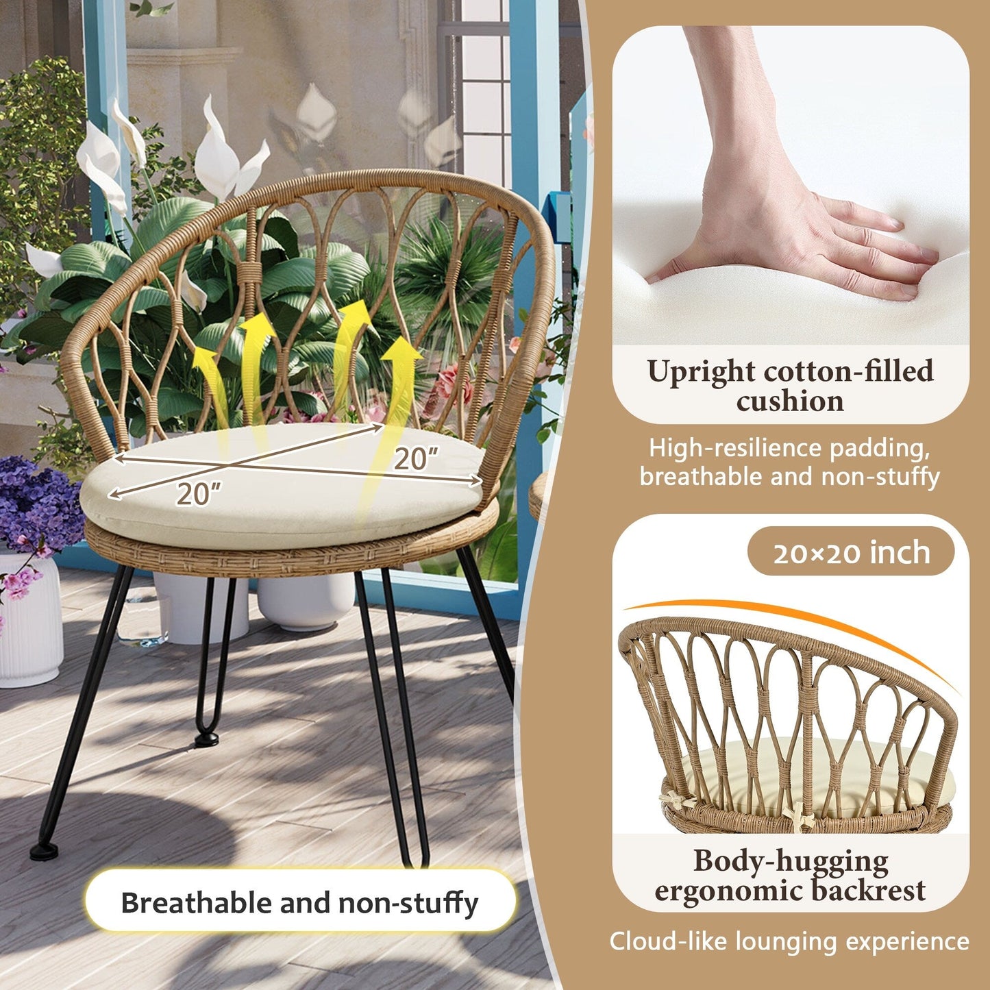 Ensemble de 3 chaises de jardin en rotin pour loisirs et conversation, avec 2 chaises et une table basse en verre