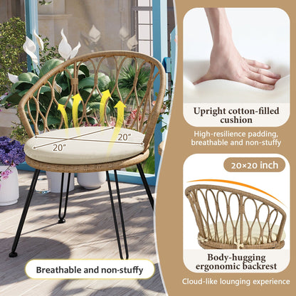 Ensemble de 3 chaises de jardin en rotin pour loisirs et conversation, avec 2 chaises et une table basse en verre