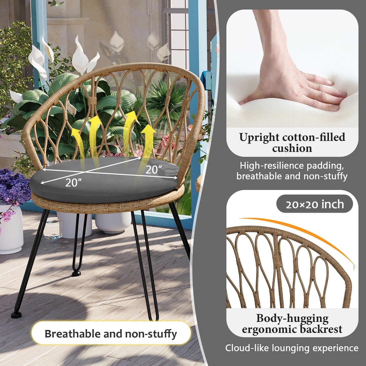 Ensemble de 3 chaises de jardin en rotin pour loisirs et conversation, avec 2 chaises et une table basse en verre