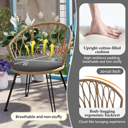 Ensemble de 3 chaises de jardin en rotin pour loisirs et conversation, avec 2 chaises et une table basse en verre