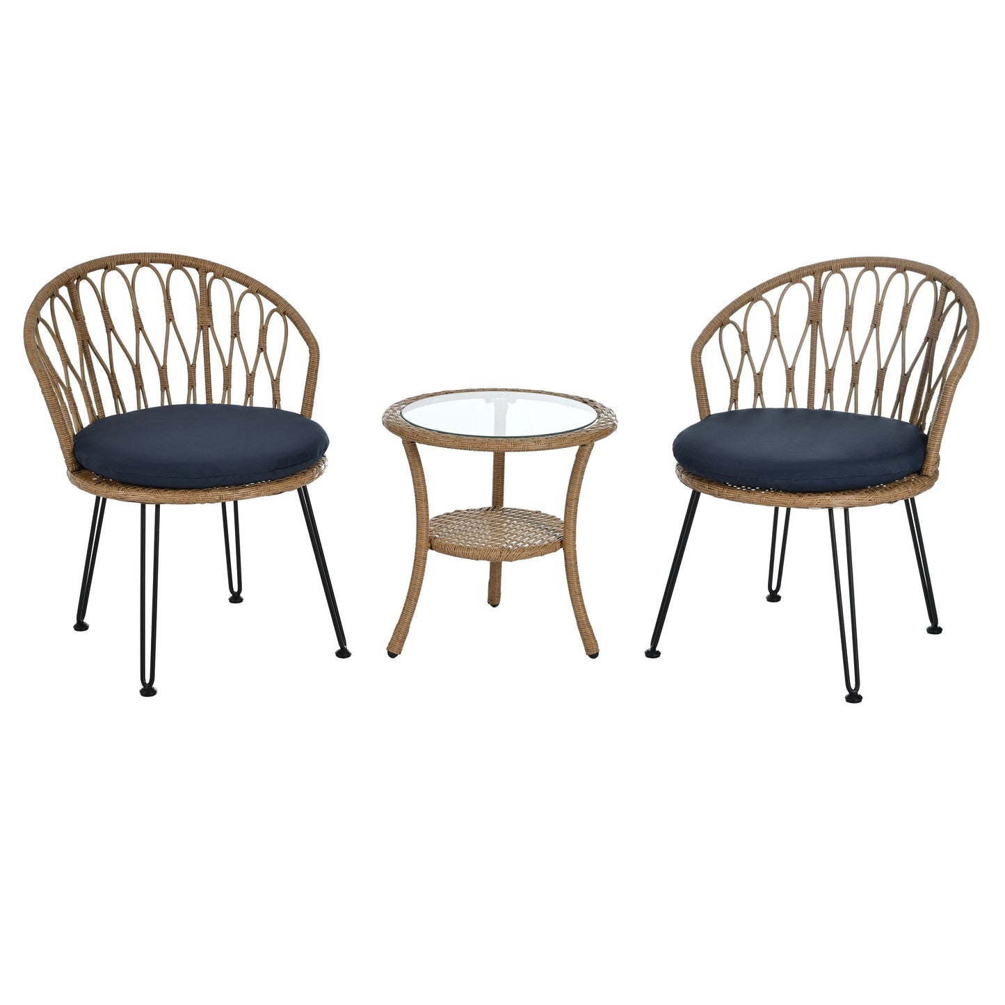 Ensemble de 3 chaises de jardin en rotin pour loisirs et conversation, avec 2 chaises et une table basse en verre