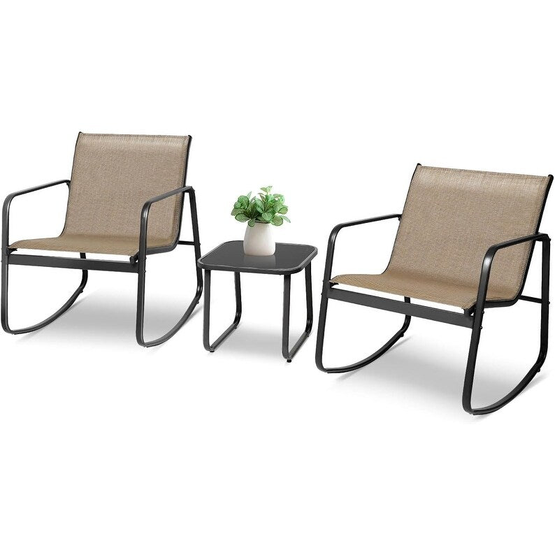Ensemble bistro 3 pièces pour patio extérieur avec chaises à bascule et table basse en verre