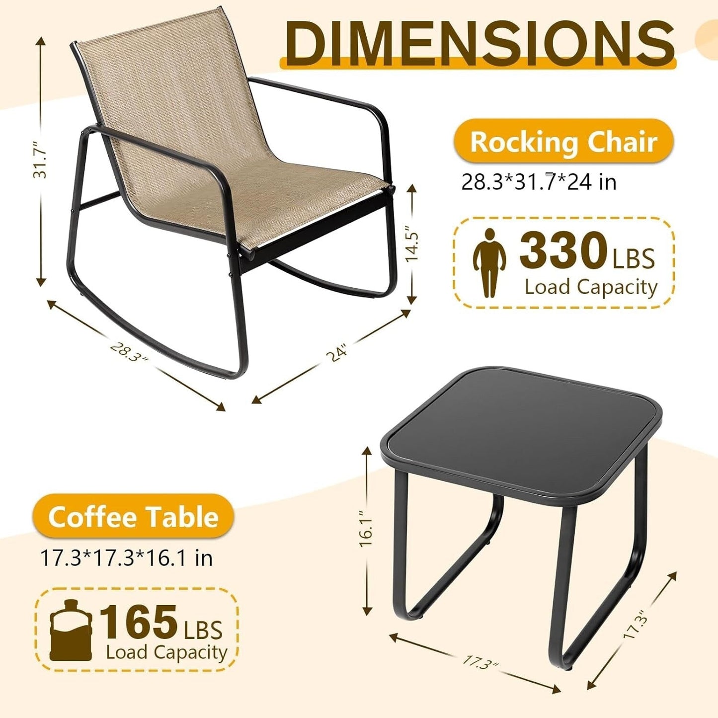 Ensemble bistro 3 pièces pour patio extérieur avec chaises à bascule et table basse en verre
