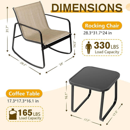 Ensemble bistro 3 pièces pour patio extérieur avec chaises à bascule et table basse en verre