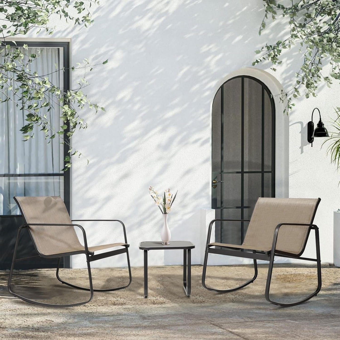 Ensemble bistro 3 pièces pour patio extérieur avec chaises à bascule et table basse en verre