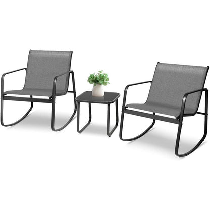 Ensemble bistro 3 pièces pour patio extérieur avec chaises à bascule et table basse en verre