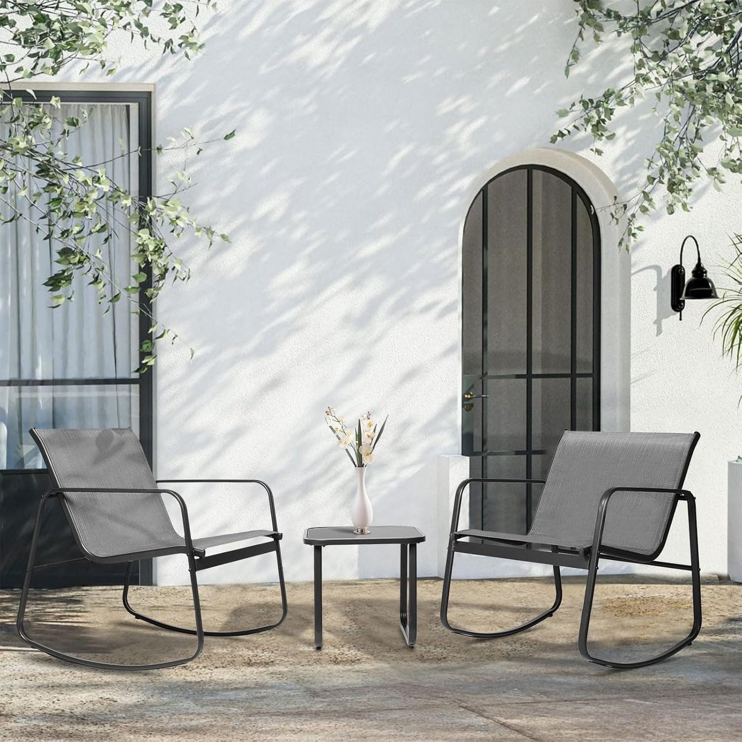 Ensemble bistro 3 pièces pour patio extérieur avec chaises à bascule et table basse en verre