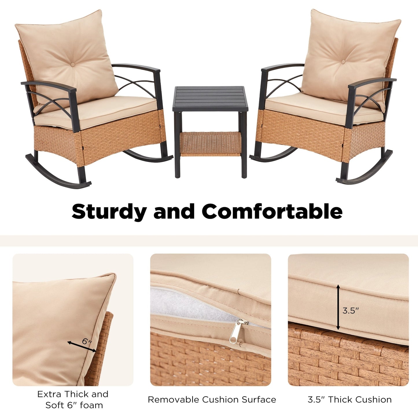 Ensemble de 3 chaises pivotantes/basculantes d'extérieur - Mobilier de jardin en rotin synthétique avec coussins et table basse, chaises à bascule pour jardin