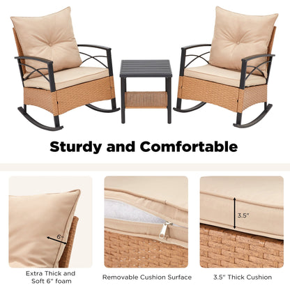 Ensemble de 3 chaises pivotantes/basculantes d'extérieur - Mobilier de jardin en rotin synthétique avec coussins et table basse, chaises à bascule pour jardin