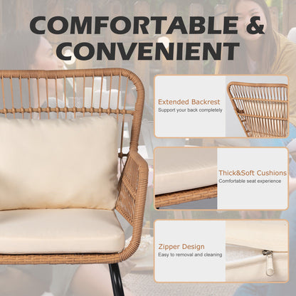 Ensemble de bistrot d'extérieur 3 pièces en osier, mobilier de jardin en rotin résistant aux intempéries, chaises de jardin avec coussins