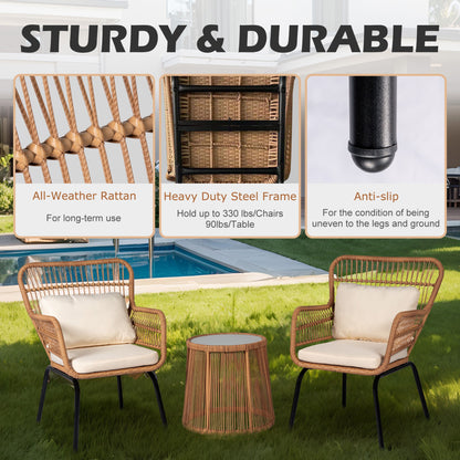 Ensemble de bistrot d'extérieur 3 pièces en osier, mobilier de jardin en rotin résistant aux intempéries, chaises de jardin avec coussins