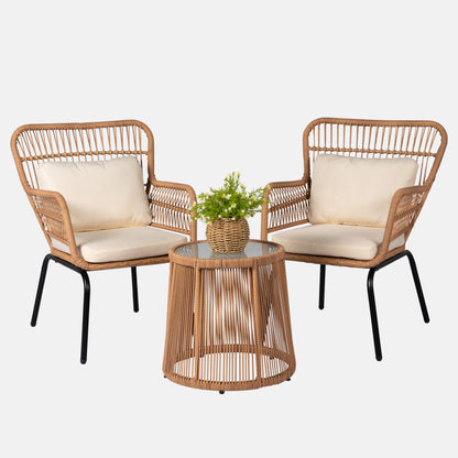 Ensemble de bistrot d'extérieur 3 pièces en osier, mobilier de jardin en rotin résistant aux intempéries, chaises de jardin avec coussins