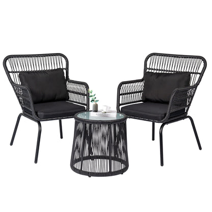 Ensemble de bistrot d'extérieur 3 pièces en osier, mobilier de jardin en rotin résistant aux intempéries, chaises de jardin avec coussins