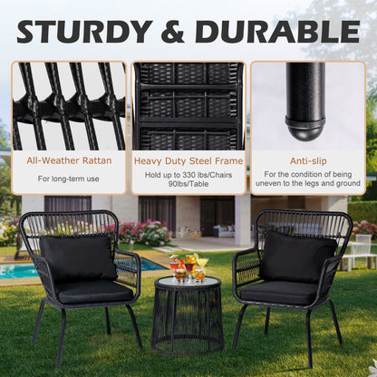 Ensemble de bistrot d'extérieur 3 pièces en osier, mobilier de jardin en rotin résistant aux intempéries, chaises de jardin avec coussins