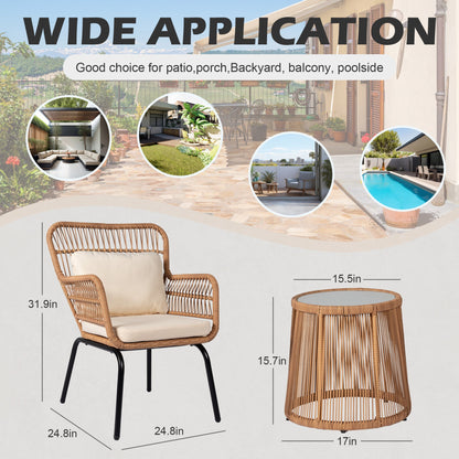Ensemble de bistrot d'extérieur 3 pièces en osier, mobilier de jardin en rotin résistant aux intempéries, chaises de jardin avec coussins