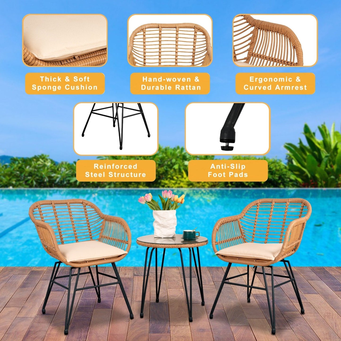Ensemble de 3 meubles de jardin en osier avec coussins pour terrasse, piscine, jardin - 21,2 L x 23,6 l x 31,5 H