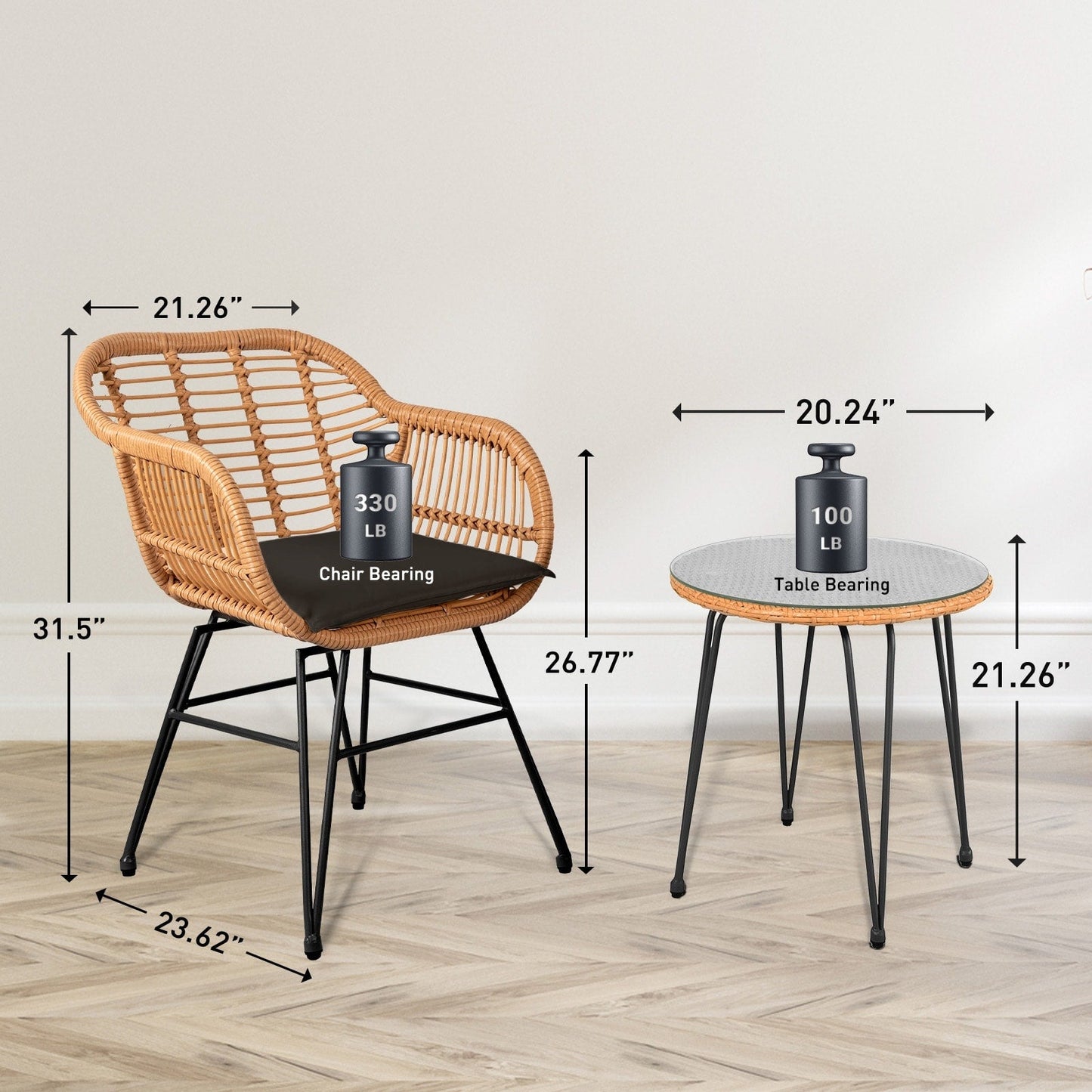 Ensemble de 3 meubles de jardin en osier avec coussins pour terrasse, piscine, jardin - 21,2 L x 23,6 l x 31,5 H