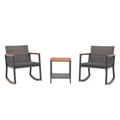 Ensemble de 3 chaises à bascule d'extérieur en osier avec coussins