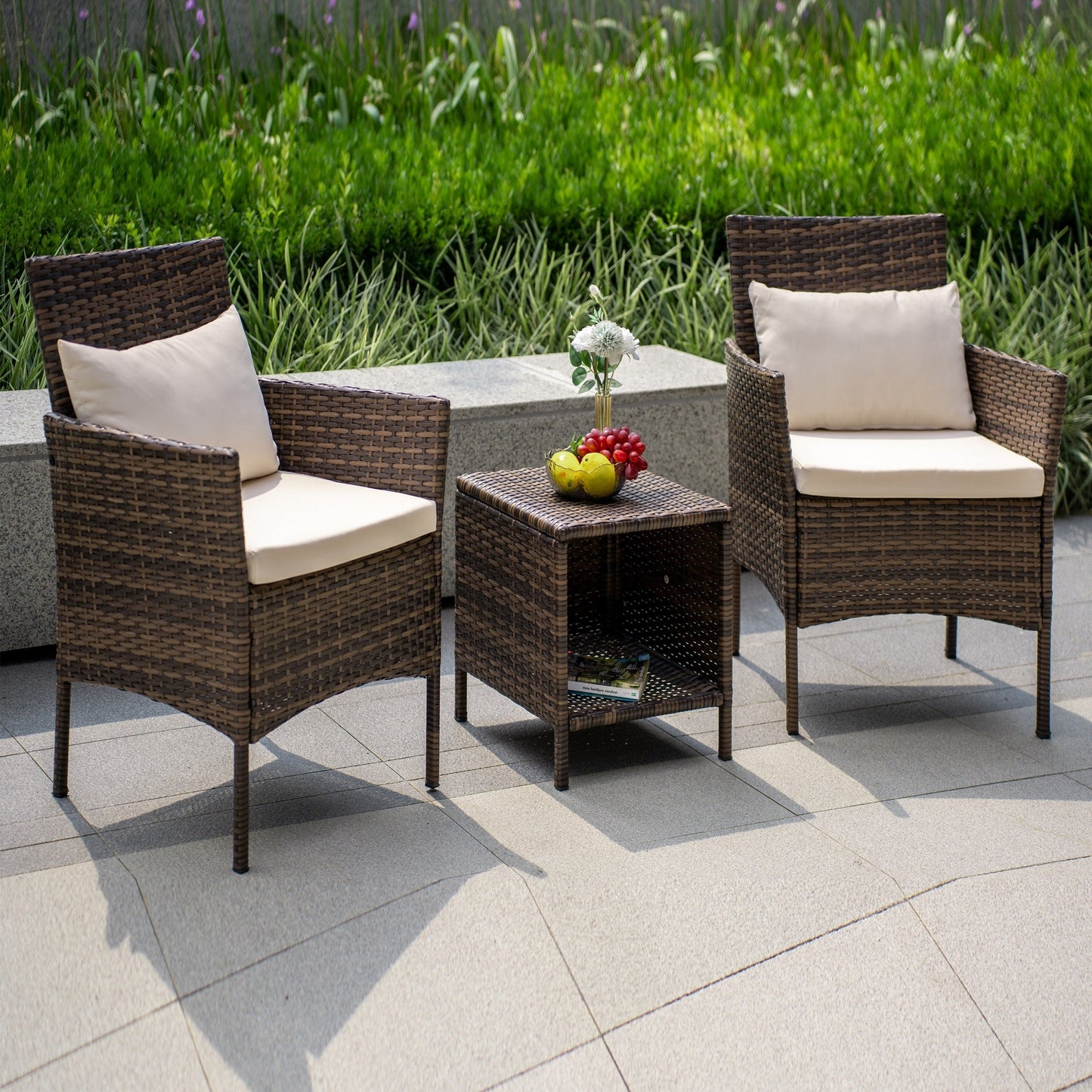 Ensemble de bistrot de conversation 3 pièces pour patio, meubles de conversation d'extérieur, chaises en osier et table de rangement, ensemble de meubles de balcon pour porche