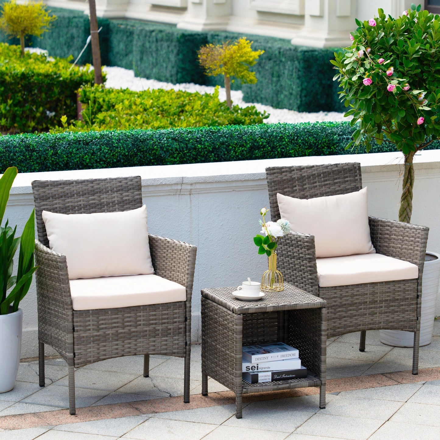 Ensemble de bistrot de conversation 3 pièces pour patio, meubles de conversation d'extérieur, chaises en osier et table de rangement, ensemble de meubles de balcon pour porche