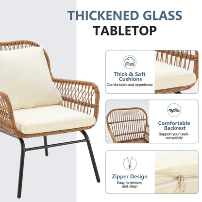 Ensemble de bistrot de jardin 3 pièces en rotin avec table en verre, 2 fauteuils larges et coussins d'assise
