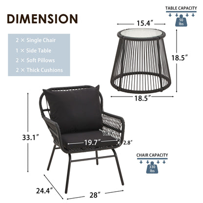 Ensemble de bistrot de jardin 3 pièces en rotin avec table en verre, 2 fauteuils larges et coussins d'assise