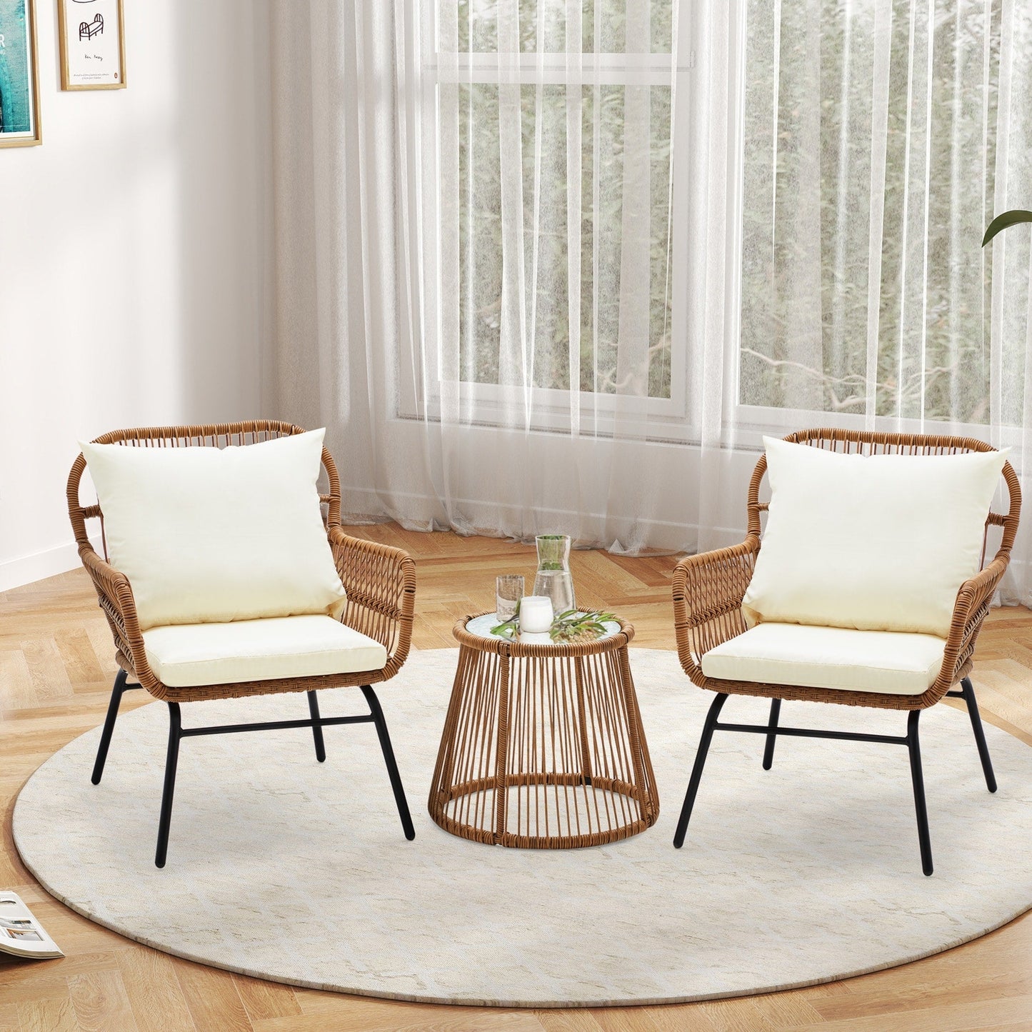 Ensemble de bistrot de jardin 3 pièces en rotin avec table en verre, 2 fauteuils larges et coussins d'assise