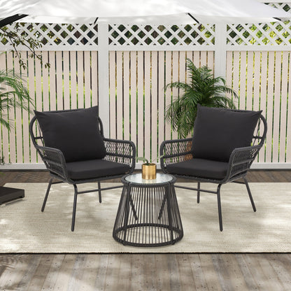 Ensemble de bistrot de jardin 3 pièces en rotin avec table en verre, 2 fauteuils larges et coussins d'assise