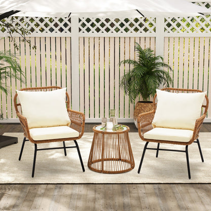 Ensemble de bistrot de jardin 3 pièces en rotin avec table en verre, 2 fauteuils larges et coussins d'assise