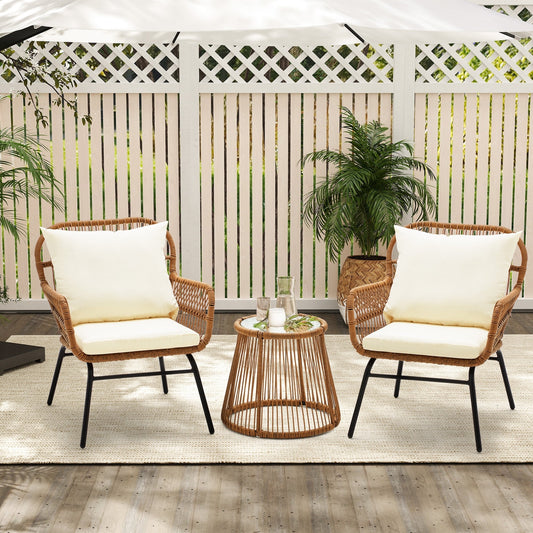 Ensemble de bistrot de jardin 3 pièces en rotin avec table en verre, 2 fauteuils larges et coussins d'assise
