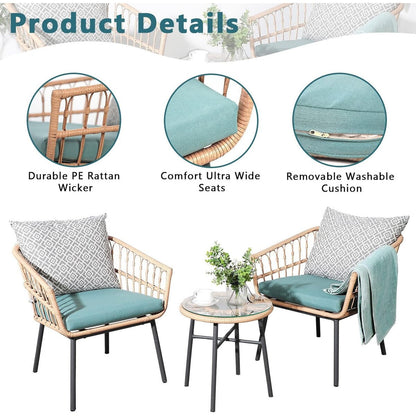 Ensemble de jardin 3 pièces avec table basse en bois trempé et chaises en osier pour jardin, balcon et arrière-cour