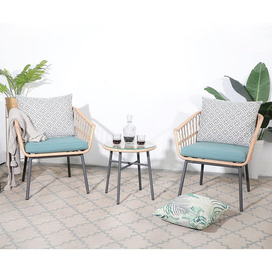 Ensemble de jardin 3 pièces avec table basse en bois trempé et chaises en osier pour jardin, balcon et arrière-cour
