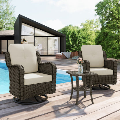 Ensemble de 3 chaises pivotantes à bascule rembourrées en rotin pour patio avec table d'appoint