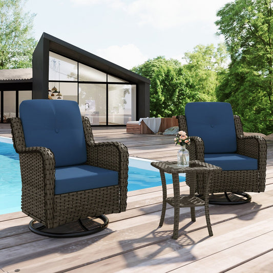 Ensemble de 3 chaises pivotantes à bascule rembourrées en rotin pour patio avec table d'appoint