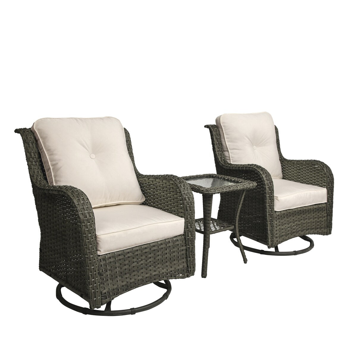 Ensemble de 3 chaises pivotantes à bascule rembourrées en rotin pour patio avec table d'appoint