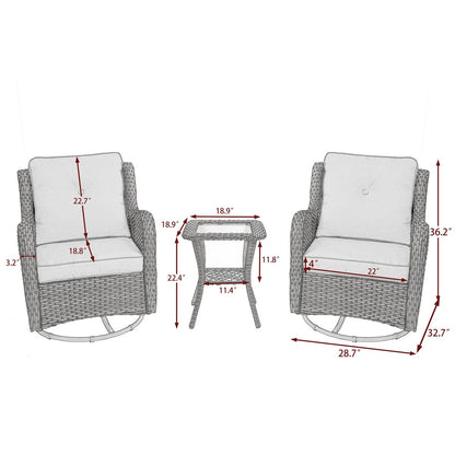 Ensemble de 3 chaises pivotantes à bascule rembourrées en rotin pour patio avec table d'appoint
