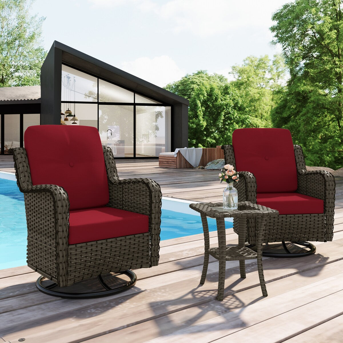 Ensemble de 3 chaises pivotantes à bascule rembourrées en rotin pour patio avec table d'appoint