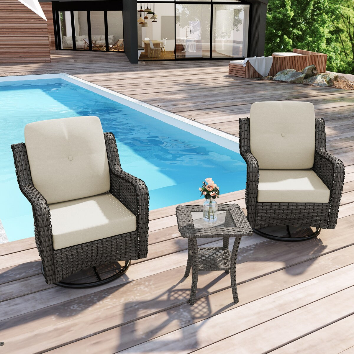 Ensemble de 3 chaises pivotantes à bascule rembourrées en rotin pour patio avec table d'appoint