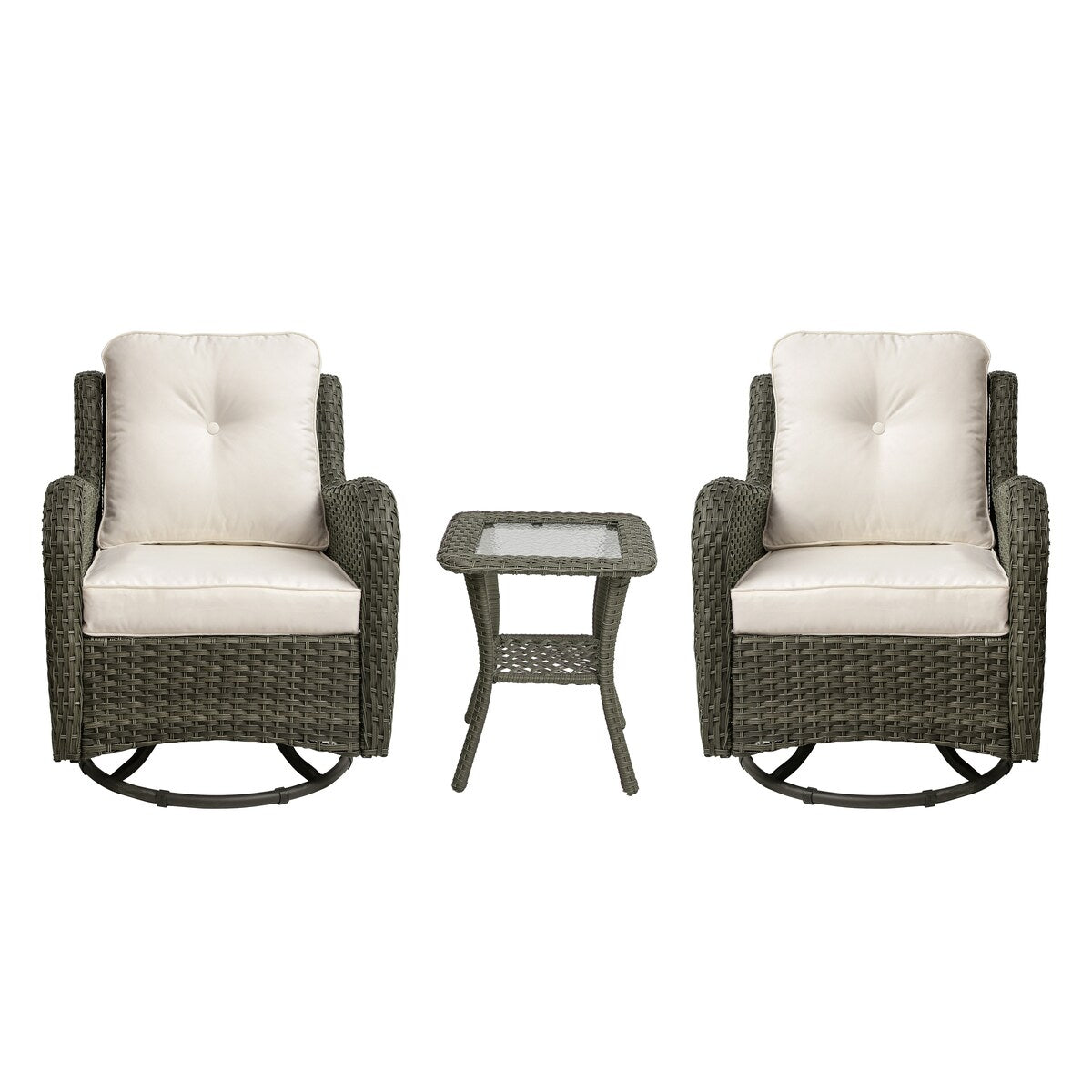 Ensemble de 3 chaises pivotantes à bascule rembourrées en rotin pour patio avec table d'appoint