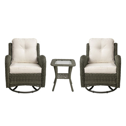 Ensemble de 3 chaises pivotantes à bascule rembourrées en rotin pour patio avec table d'appoint