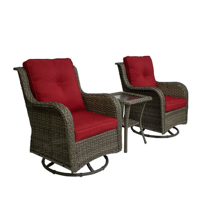 Ensemble de 3 chaises pivotantes à bascule rembourrées en rotin pour patio avec table d'appoint