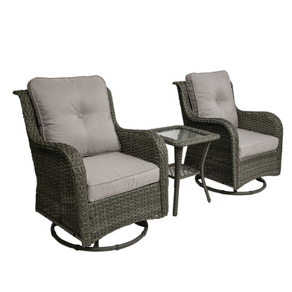 Ensemble de 3 chaises pivotantes à bascule rembourrées en rotin pour patio avec table d'appoint